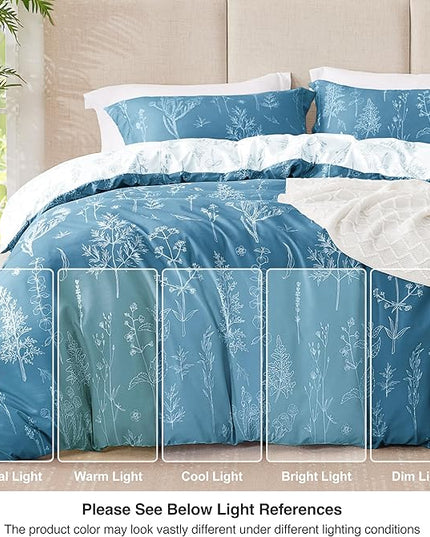 Love's cabin Mineral Blue Comforter Set King - King Size Comforter Set, 3 Pieces Cute Floral Bedding Sets for All Seasons,1 Soft Reversible Botanical Flowers Comforter and 2 Pillow Shams