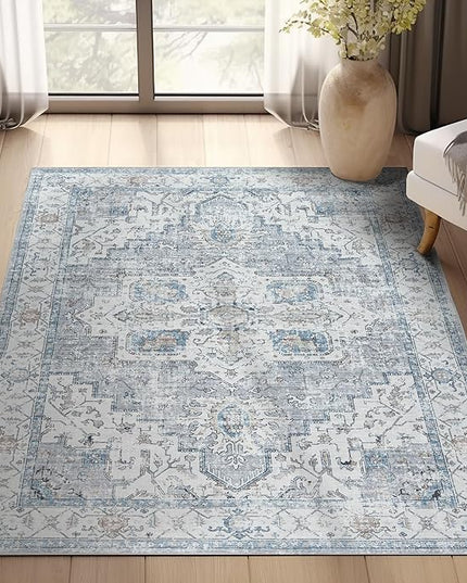 jinchan Oriental 3x5 Area Rugs for Entryway - Machine Washable Non-Slip Doormat Ultra-Thin Low-Pile Vintage Floral Distressed Accent Rug for Entrance Bedroom Kitchen Living Room（3x5ft, Grey/Blue