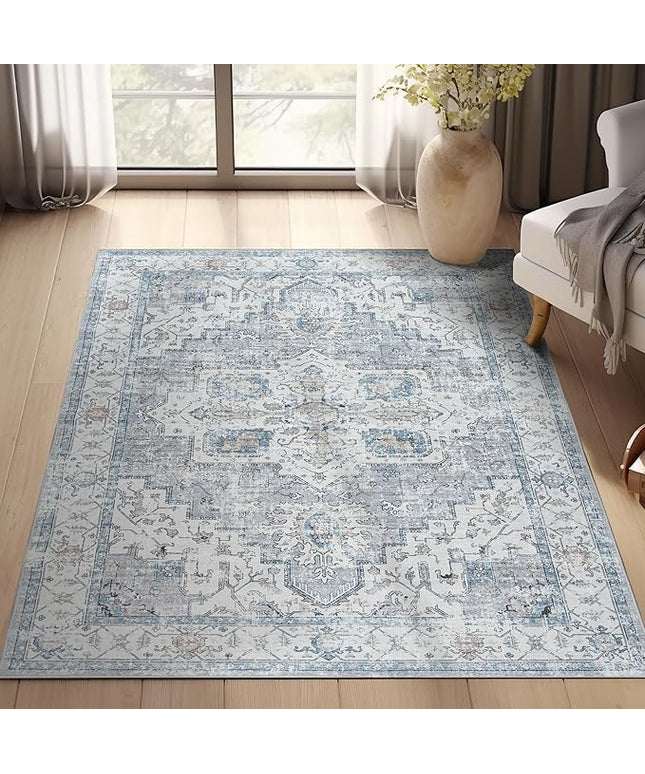 jinchan Oriental 3x5 Area Rugs for Entryway - Machine Washable Non-Slip Doormat Ultra-Thin Low-Pile Vintage Floral Distressed Accent Rug for Entrance Bedroom Kitchen Living Room（3x5ft, Grey/Blue