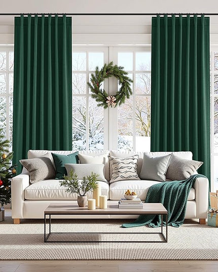 Guken Dark Green Blackout Curtains 63 Inch Length 2 Panels Set for Living Room Bedroom Back Tab Thermal Insulated 100% Black Out Linen Drapes Christmas Decor 52x63 Long