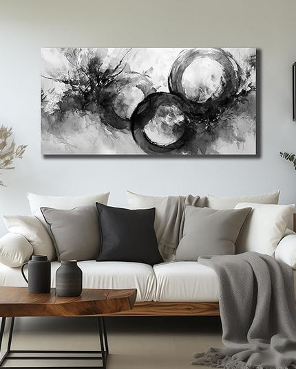 JuhaiArt Black Wall Art Large Abstract Picture Wall Decor White Canvas Art Circle Modern Artwork for Living Room Office 24"x 48"