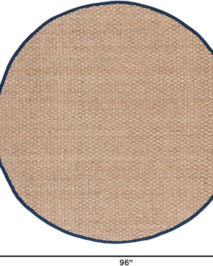 SAFAVIEH Area Rug 8' Round - Natural Fiber Collection - Large - Natural & Blue, Seagrass, Basketweave Pattern with Border (NF114E)
