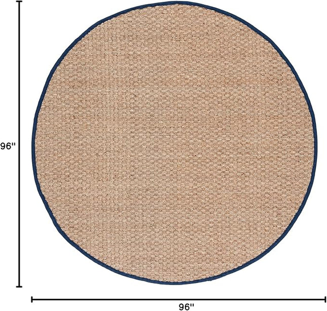 SAFAVIEH Area Rug 8' Round - Natural Fiber Collection - Large - Natural & Blue, Seagrass, Basketweave Pattern with Border (NF114E)