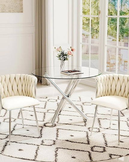3 Pieces Round Glass Dining Set, Modern Luxury Circle Kitchen Table Set for 2, 36'' Clear Minimalist Circular Glass Top Dinner Room Set with Ivory Woven Chair, for Small Apartment (Silver)