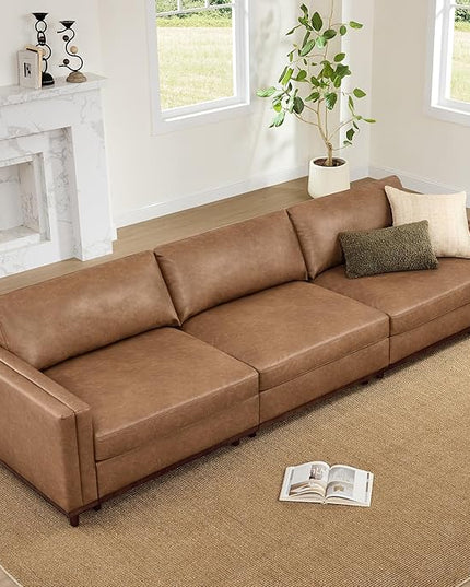 CHITA 118" Super Large Luxury 3 Seat Sectional Modular Sofa, FSC Certified Down Filled Modern Sofa, Deep Seat Comfty Cloud Couch, 3 Seat Couch, Solid Wood Leg, Faux Leather in Camel