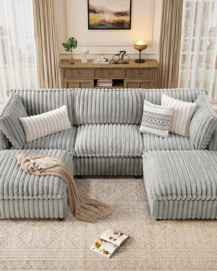 KKL Modular Sectional Couch for Living Room, U Shaped Corduroy Couches with 2 Ottomans, 5 Seater Oversized Sofa Convertible to L Shaped, Soft Fabric Modern Sofa, Grey