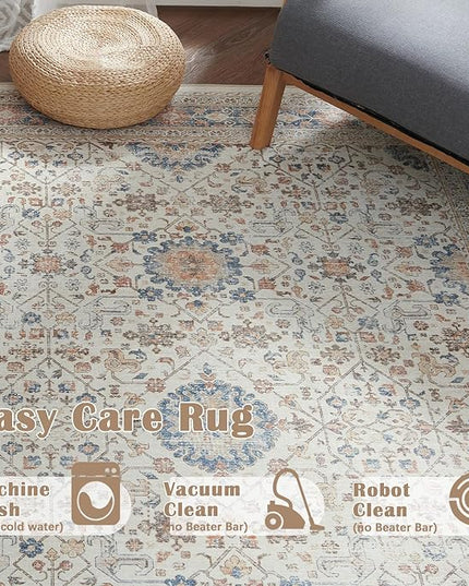 jinchan Area Rug 4x6 Washable Bedroom Rug Vintage Distressed Orange Multi Floral Floor Cover Indoor Mat Retro Carpet Living Room Kitchen Office Farmhouse