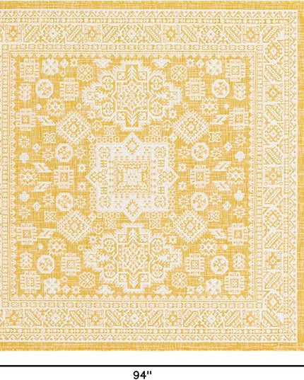 Rugs.com Outdoor Aztec Collection Rug – 8 Ft Square Yellow Flatweave Rug Perfect for Living Rooms, Kitchens, Entryways