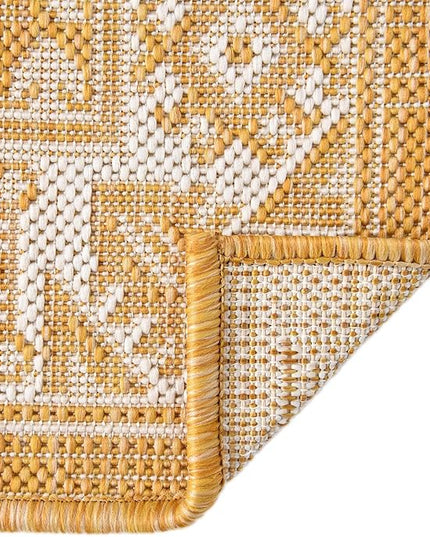 Rugs.com Outdoor Aztec Collection Rug – 12 Ft Runner Yellow Flatweave Rug Perfect for Hallways, Entryways