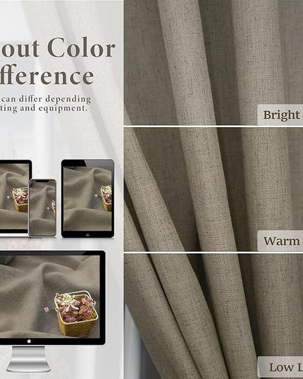 Pitalk Taupe Short Linen Curtain Living Room Back Tab Rod Pocket Lightweight Semi Sheer Curtains Burlap Light Filtering Thick Linen Drape for Bedroom 52 x 45 Inches Long Set of 2 Panels