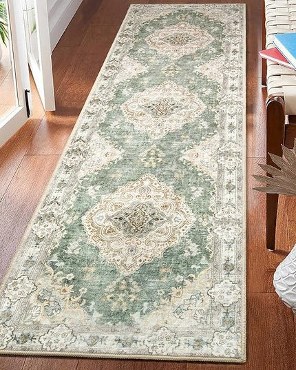 MUJOO Hallway Runner Rug 2'x8' Green Long Rug Runners Boho Machine Washable Non Slip Carpet for Entryway Kitchen Bathroom Bedside Retro Soft Low-Pile Blossom