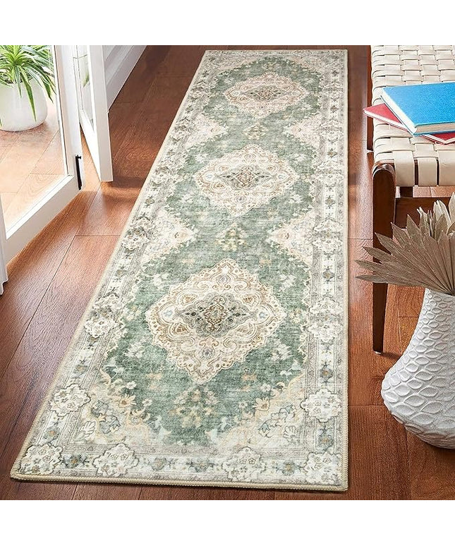 MUJOO Hallway Runner Rug 2'x8' Green Long Rug Runners Boho Machine Washable Non Slip Carpet for Entryway Kitchen Bathroom Bedside Retro Soft Low-Pile Blossom