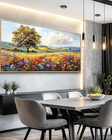 hyidecorart Farmhouse Wall Art For Living Room Pictures For Bedroom Wall Decor Natural Scenery Wall Painting Office Artwork Colorful Flowers And Trees Canvas Prints Hanging Decor Wood Framed 72x32