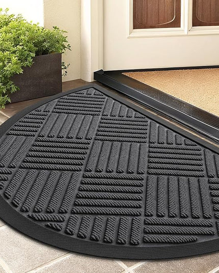 Smiry Half Circle Front Door Mat Outside Entrance,Heavy Duty Outdoor Indoor Natural Rubber Doormat,Non Slip,Trap Dirt and Moisture,Easy Clean,Low Profile Patio Porch Entryway Mat,29.5x17, Light Grey
