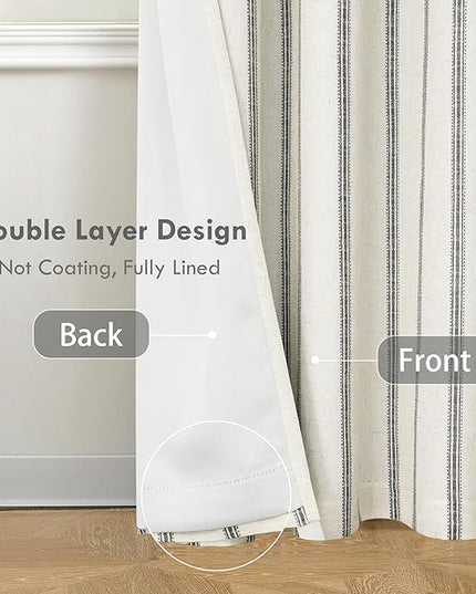 DriftAway Farmhouse Linen Blend Blackout Curtains 84 Inches Long for Bedroom Vertical Striped Printed Linen Curtains Thermal Insulated Lined Treatments for Living Room 2 Panels W52 x L84 Linen Black
