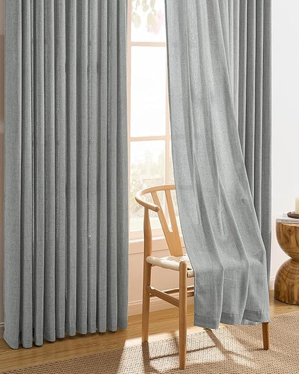 RAIN CITY Grey Linen Curtains 92 Inch Length 2 Panels, Soft Thick Linen Textured Window Drapes for Bedroom Living Room Semi Sheer Light Filtering Back Tab Pinch Pleated with Hooks 50x92