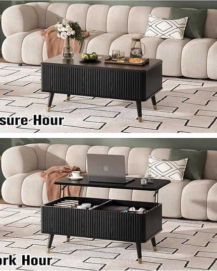 Lift Top Coffee Table with Storage, Modern Coffee Table with Solid Wood Legs, 38" Minimalist Fluted Center Table for Living Room, Home Office, Black