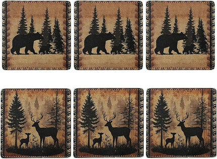 Marble Coasters Square Leather Drinks Coaster Set with Holder for Coffee Table Bar Home Decor 4 Inches Set of 6 (Forest Animals, One Size)