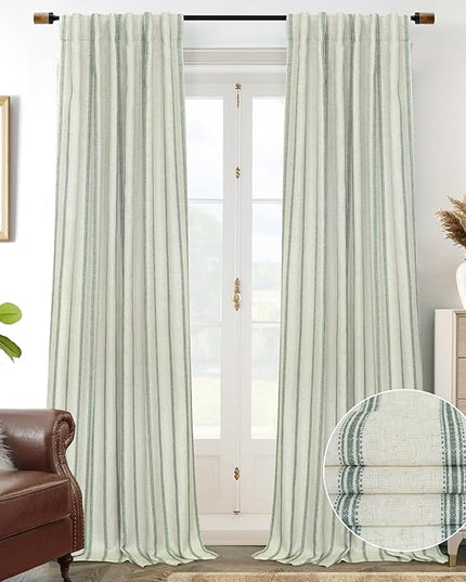 DriftAway Farmhouse Linen Blend Blackout Curtains 108 Inches Long for Bedroom Vertical Striped Printed Linen Curtains Thermal Insulated Lined Treatments for Living Room W52 x L108 Linen Loden Green