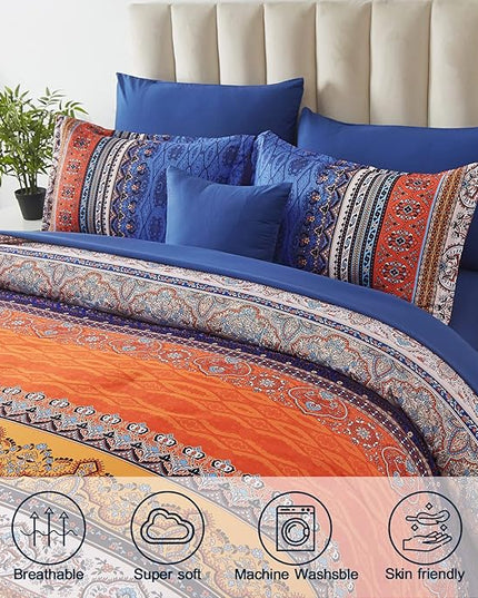 Cottolester Boho Comforter Set King Size 8 Piece Bed in a Bag Burnt Orange Paisley Fall Comforter and Sheet Set Bohemian Striped Bedding Set,Soft Microfiber Complete Bedding Set