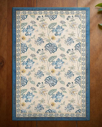 jinchan Elora 2x3 Floral Rug for Entryway Washable Rug Vintage Romance Design Small Mat Non Slip Indoor Doormat Lightweight Low-Profile Throw Carpet for Entrance Bathroom Laundry Room, Blue/Beige