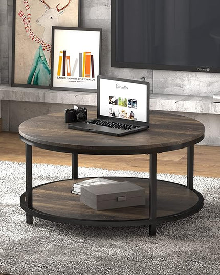 NSdirect 36 inches Round Coffee Table, Rustic Wooden Surface Top & Sturdy Metal Legs Industrial Sofa Table for Living Room Modern Design Home Furniture with Storage Open Shelf(Rustic Brown)