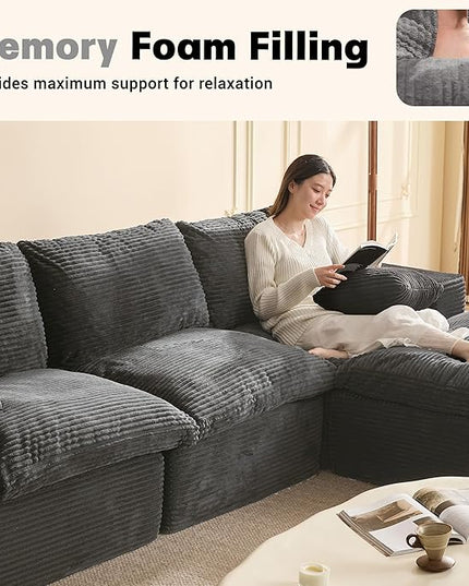 106.3” Sectional Couches for Living Room, Cloud Couch, Modular Sectional Sofa, Convertible Sofas Bed, Deep Seat Sofa, L Shaped Cozy Sofa Furniture Set, Corduroy, Gray