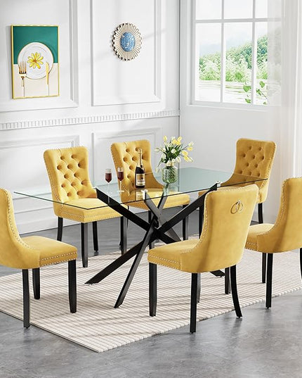 Modern 7-Piece Glass Dining Table Set for 6, Modern 60" Rectangle Black Glass Dining Room Table Set with Yellow Velvet Tufted Chairs Wood Legs for Kitchen Dining Room