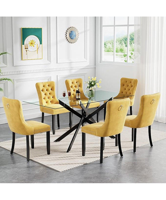 Modern 7-Piece Glass Dining Table Set for 6, Modern 60" Rectangle Black Glass Dining Room Table Set with Yellow Velvet Tufted Chairs Wood Legs for Kitchen Dining Room