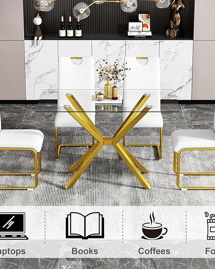 47.24" Rectangular Glass Dining Table Modern Kitchen Glass Top Table for 4 with Gold Metal Legs, Clear Dining Table Kitchen Table for Home Office Dining Room
