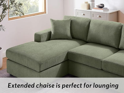 VANOMi 118'' U Shaped Sectional Sofa Couch, Corduroy Fabric Modern Cozy Jumbo Size 4-Seater Living Room Couch, Double Chaise Longue, Olive