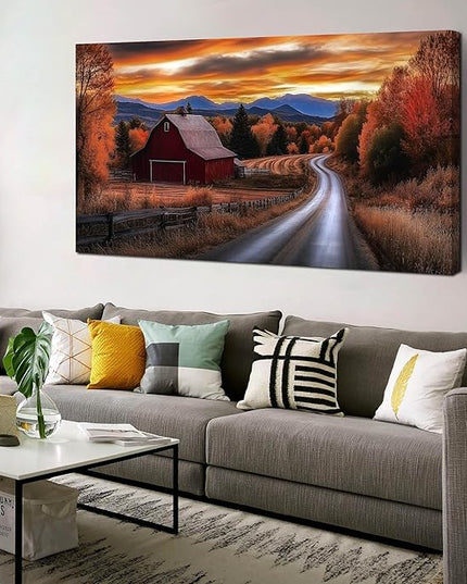 JuhaiArt Large Natural Wall Art Landscape Canvas Decor Fall Canvas Picture for Living Room Bedroom Red Barn Farmhouse Artwork 29" x 59"