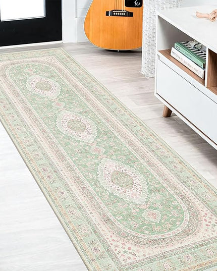 Washable Runner Rug 2x8,Green Rug Runners Non Slip,Long Boho Rugs for Hallways Kitchen Bedroom Entryway Living Room Bathroom,Vintage Bohemian Distressed Oriental Floor Carpet,Sage Blush Floral