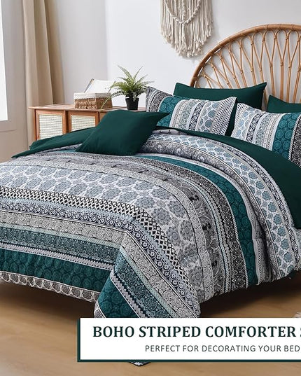 Cottolester Boho Comforter Set King Size,8 Pieces Emerald Green Bohemian Striped Bed in a Bag,Paisley Soft Microfiber Bedding Comforter Set