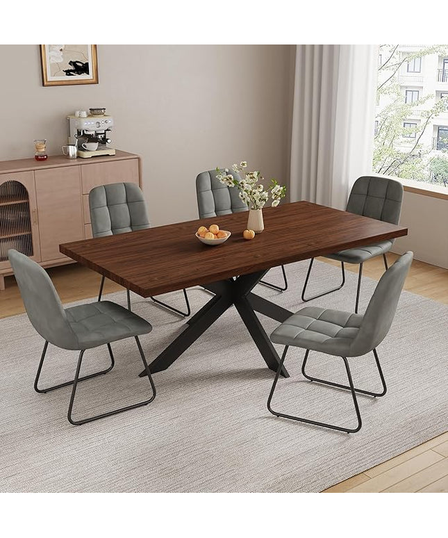 ZckyCine 63"-79" Expandable Dining Table Set for 6-8 People, Modern Rectangular Kitchen Table, Walnut Finish, Metal Frame, 6 PU Leather Cushioned Chairs, Easy Assembly
