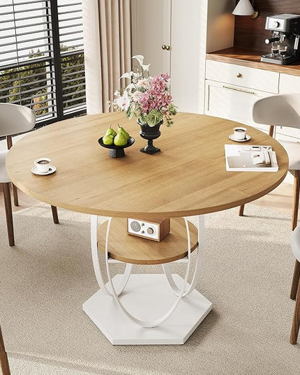 Round Dining Table for 4, 3-Tier Dinner Room Tables with Storage Shelf, Space Saving Small Kitchen Table, Farmhouse Dinner Table with Wooden Tabletop and Hexagonal Base (Wood, 42inch)