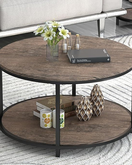 NSdirect Round Coffee Table, 27.5" Small Coffee Table for Living Room,2-Tier Rustic Wood Desktop with Storage Shelf Modern Design Home Furniture(Light Walnut)