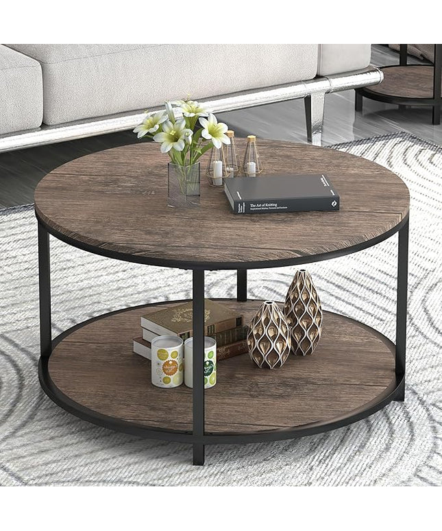 NSdirect Round Coffee Table, 27.5" Small Coffee Table for Living Room,2-Tier Rustic Wood Desktop with Storage Shelf Modern Design Home Furniture(Light Walnut)