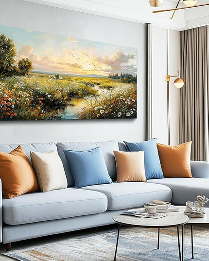 XIGUANGART Large Wall Art for Living Room Canvas Prints Nature River Meadow Wildflower Wall Decor Sunset Pastoral Landscape Pictures Abstract Modern Artwork for Bedroom Kitchen Office Home Decorations