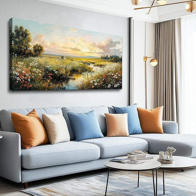 XIGUANGART Rustic Landscape Wall Art Canvas Prints Nature River Meadow flowers Large Wall Decor Sunset Pastoral Abstract Pictures Modern Artwork for Living Room Bedroom Kitchen Office Home Decorations