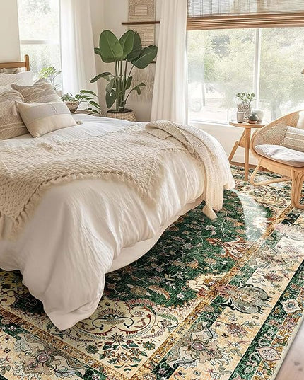 9'x12' Area Rugs Washable,Large Green Rug for Living Room Bedroom Dining Room,Boho Vintage Bohemian Distressed Oriental Carpet Non Slip,Retro Sage Floral