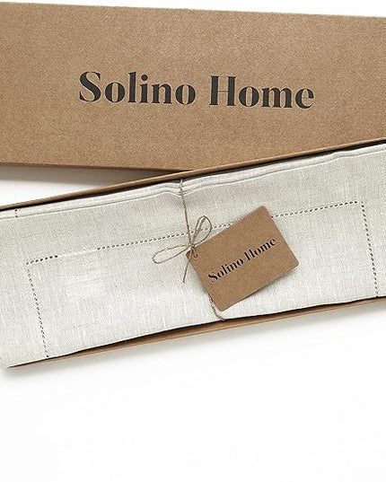 Solino Home Linen Placemats Set of 4 - Classic Hemstitch Light Natural Placemats 14 x 19 Inch - 100% Pure Linen Table Mats for Christmas, Holiday, New Year