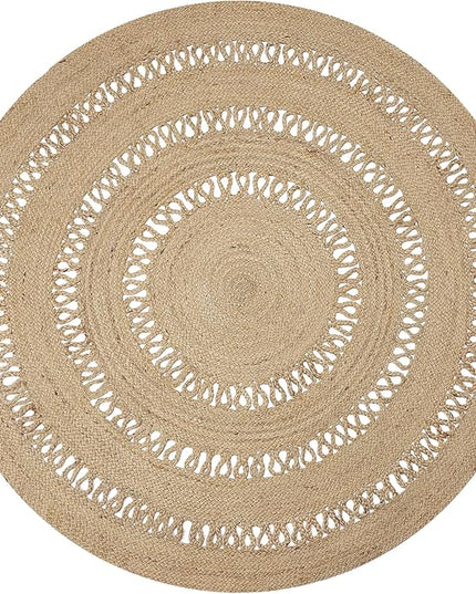 REDEARTH · Round Area Rug - 5 Feet Braided Scalloped Earthy Trails Jute Rug- Artisan Made Boho Jute Patterned Rugs for Bedroom, Kitchen, Living Room, Farmhouse, Aesthetic, Handmade Vintage Décor