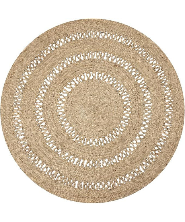REDEARTH · Round Area Rug - 5 Feet Braided Scalloped Earthy Trails Jute Rug- Artisan Made Boho Jute Patterned Rugs for Bedroom, Kitchen, Living Room, Farmhouse, Aesthetic, Handmade Vintage Décor