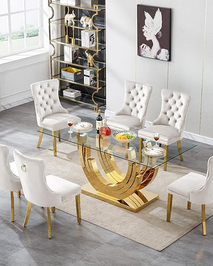 7 Piece Dining Table Set with 6 Beige Dining Chairs, Modern Glass Kitchen Table and Chairs Set for 6, 70" Rectangle Gold Glass Pedestal Dining Room Tables with Ring-Shape Stainless Steel Base