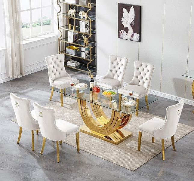 Henf 7-Piece Glass Dining Table Set with 6 Upholstered Dining Chairs, Large Gold Dining Table and Chair Set for 6, Modern Kitchen Table Furniture for Dining Room, Stainless Steel Base and Glass Top