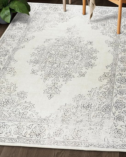 ReaLife Rugs Machine Washable Area Rug - Living Room Bedroom Bathroom Kitchen Entryway Office - Padded Low Pile Stain Resistant Premium - Boho Farmhouse Vintage - Paige - Ivory 7'6" x 9'6"