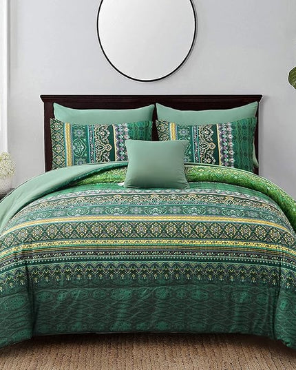 Boho Green Comforter Set King Size,8 Piece Bed in a Bag Bohemian Striped Bedding Quilt Set,Dark Green Paisley Floral Comforter and Sheet Set,Soft Microfiber Complete Bedding Sets for All Season