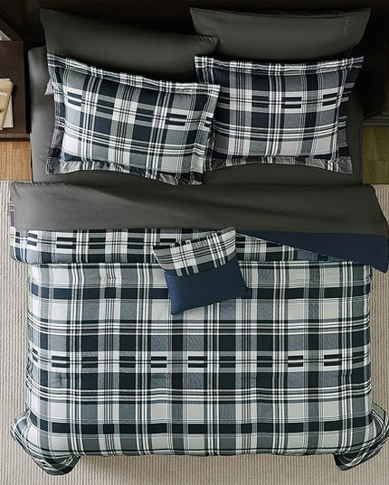 MaiRêve Queen Size Comforter Set Navy Blue, Classic Plaid Farmhouse 7 Pieces Bedding Set, All Season Lightweight Bed in a Bag with Sheets, Pillowcases & Shams