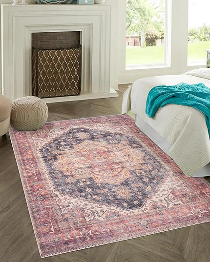 GLN Rugs Traditional Collection - Machine Washable Area Rug, Traditional Washable, Non Slip, Low Pile Chenille Rug, Living Room, Bedroom, Kitchen Rug (3'x5' Black/Terra)